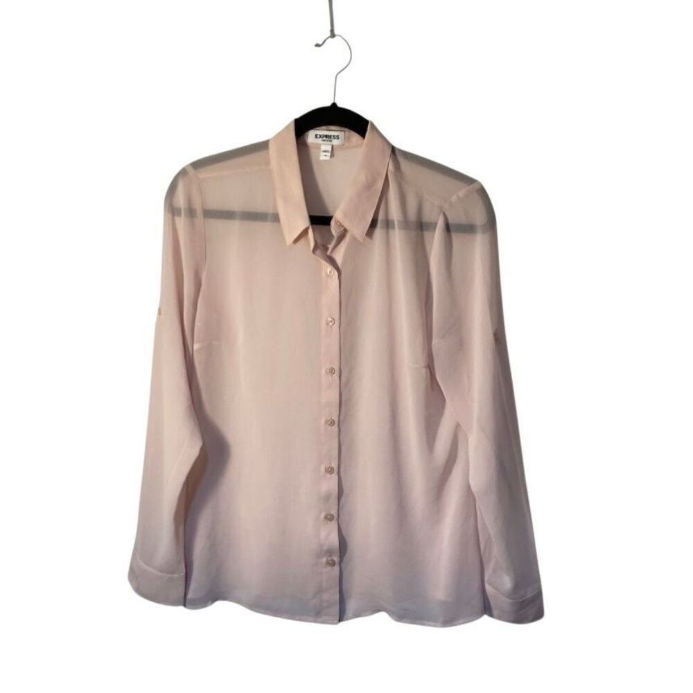 Express women’s, sheer, pink, long sleeve, romantic, feminine blouse, med